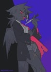 absurd_res anthro avian beak biped black_background black_body blue_background bottomwear clothed clothing female hi_res holding_knife holding_object kaltespur knife open_beak open_mouth red_eyes scar shorts simple_background solo wings