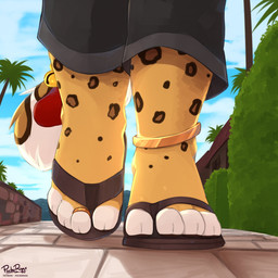 4_toes anthro black_bottomwear black_clothing black_pants bottomwear bracelet building clothing detailed_background digit_ring feet footwear fur fur_markings house jewelry male markings palm_tree pants plant ring sandals shoes solo tail toe_ring toes tree white_body yellow_body yellow_bracelet pache_riggs therris felid leopard mammal pantherine 2026 hi_res