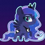 1:1 blue_body blue_feathers blue_fur blue_theme chibi cutie_mark digital_media_(artwork) equid equine feathered_wings feathers female feral friendship_is_magic fur happy hasbro horn low_res mammal miss-glitter_(artist) my_little_pony mythological_creature mythological_equine mythology pattern_background princess_luna_(mlp) purple_background simple_background smile solo winged_unicorn wings