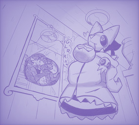 ambiguous_gender ambiguous_pred anthro anthro_pred anthro_prey breasts candy_bucket cleavage clothed clothed_anthro clothed_female clothing digestion duo eyelashes female female_prey fully_inside heart_symbol holding_object_in_mouth inside_stomach internal invisible low-angle_view mask mirror motion_lines onomatopoeia rumbling_stomach soft_vore sound_effects spiral spiral_eyes text vore jaybat11 hallow_(jaybat11) domestic_cat felid feline felis ghost mammal spirit 2025 digital_drawing_(artwork) digital_media_(artwork) english_description hi_res monochrome