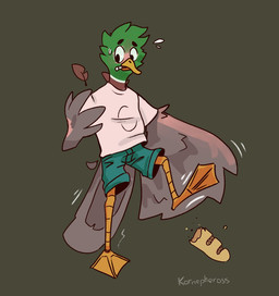 after_transformation baguette blush bodily_fluids bread clothed clothing feathers feet food male membrane_(anatomy) multicolored_body shocked solo species_transformation sweat toes transformation webbed_feet kornepheross anas anatid anseriform avian bird dabbling_duck duck mallard