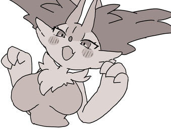 3_fingers anthro big_breasts blush blush_lines bottomwear breasts cheek_tuft chest_tuft clothed clothing clothing_lift eyelashes facial_tuft fangs featureless_breasts female female_anthro fingers fur grey_body inner_ear_fluff looking_at_viewer markings object_in_tail open_mouth pointy_ears skirt skirt_lift solo stick stick_in_tail tail teeth text tuft yakiniku628 nintendo pokemon braixen generation_6_pokemon pokemon_(species) 2026 digital_drawing_(artwork) digital_media_(artwork) half-length_portrait japanese_text monochrome portrait