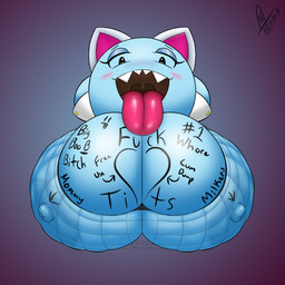 areola big_breasts blue_areola blue_body blue_nipples blush body_writing breasts clothing cuff_links fake_cat_ears fake_ears female fishnet_clothing fishnet_topwear heart_symbol huge_breasts hyper hyper_breasts looking_at_viewer nipples open_mouth profanity solo text tongue tongue_out topwear uvula supermoonshroom mario_bros nintendo paper_mario lahla_(mario) boo_(mario) ghost spirit 1:1 english_text hi_res