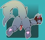 4_toes anthro anus ass_up balls blue_background blue_body brown_hair butt ear_piercing feet genitals hair half-closed_eyes looking_at_viewer male narrowed_eyes nude open_mouth pawpads penis piercing pink_eyes red_penis simple_background solo tail toes stellaoct fish marine shark absurd_res digital_drawing_(artwork) digital_media_(artwork) hi_res shaded simple_shading