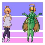 anthro before_and_after blonde_hair blush breasts clothing dress featureless_breasts female footwear green_body hair human_to_anthro insect_wings leggings legwear multi_arm multi_limb shoes solo species_transformation standing transformation wings inkblot123 arthropod beetle human insect japanese_beetle mammal 1:1 hi_res