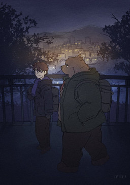 anthro backpack biped bottomwear brown_body brown_fur clothing duo fur kemono male male_anthro night outside pants scarf slightly_chubby sweater topwear walking kakukaku bear human mammal 2026