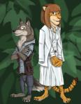 anthro clothed clothing costume female fully_clothed fur grey_body grey_fur group happy holidays male smile ziegelzeig disney halloween jurassic_park jurassic_world universal_studios zootopia officer_fangmeyer officer_wolfard canid canine canis felid mammal pantherine tiger wolf 2017 hi_res