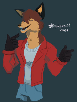 anthro black_ears bottomwear clothed clothing fully_clothed gesture gloves hand_gesture handwear jacket male multicolored_body pants pointing shirt smile solo teeth topwear shinakazami1 canid canine fox mammal hi_res