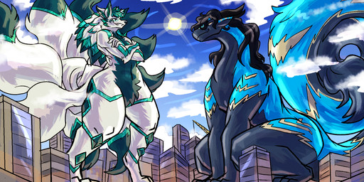 9_tails anthro big_tail black_body black_fur black_horn blue_body blue_fur city city_background cloud crossed_arms dipstick_tail duo dust_cloud eye_contact female feral fluffy fluffy_tail fur glowing glowing_markings green_body green_eyes green_fur green_hair green_hairtips green_markings green_tail_tip hair hair_over_face horn huge_tail hyper hyper_tail long_tail looking_at_another low-angle_view macro male markings multi_tail sitting smile smirk smirking_at_another standing tail tail_markings thick_thighs white_body white_fur yellow_eyes yellow_markings mrease kobalstromo sevan_(k'braid) canid canine fox_spirit furred_drake mammal 2:1 hi_res trans_(lore) trans_woman_(lore)