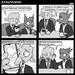 advice anthro bodily_fluids breakup cellphone clothing collared_shirt crying dialogue dress_shirt drinking ears_down electronics elegant envy ex_girlfriend female male necktie phone pivoted_ears sad shirt sitting smartphone speech_bubble surprised tears text topwear work_uniform arloatdusk bovid caprine mammal rodent sciurid sheep tree_squirrel 1:1 comic english_text hi_res monochrome