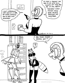 anthro bell bell_collar breasts butt clothed clothed_female clothing coffee_cup collar container cup dialogue female fingers fur group hooved_fingers hooves horn machine maid_uniform markings open_mouth question_mark rear_view ring_(marking) ringed_tail server_room striped_markings striped_tail stripes tail tail_markings text trio uniform wool_(fur) tegerio lana_lynne robota_(tegerio) bovid caprine mammal robot sheep 2023 black_and_white comic english_text hi_res monochrome