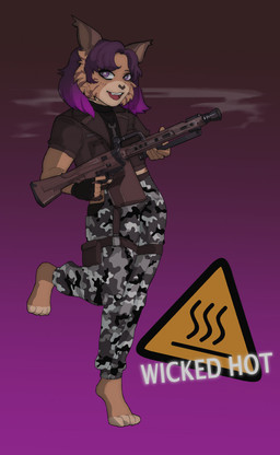 anthro black_clothing black_shirt black_topwear bottomwear camo camo_bottomwear camo_clothing camo_pants camo_print cheek_tuft clothing facial_tuft feet gradient_background gradient_hair gun hair hazard_sign hindpaw holding_gun holding_machine_gun holding_object holding_ranged_weapon holding_weapon jacket jewelry leather leather_clothing leather_jacket leather_topwear looking_at_viewer machine_gun male open_mouth pants pattern_bottomwear pattern_clothing pattern_pants paws pendant purple_background purple_eyes purple_hair ranged_weapon shirt simple_background smoke smoking_gun solo text tools topwear tuft weapon wrench toffee_32 drex_the_lynx felid feline iberian_lynx lynx mammal 2022 digital_drawing_(artwork) digital_media_(artwork) english_text hi_res shaded simple_shading