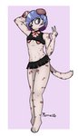 anthro blue_eyes blue_hair clothed clothing femboy grey_body hair lingerie male paws raised_arm skimpy solo spots thick_thighs promedio canid canine canis domestic_dog mammal absurd_res hi_res