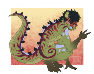 anthro black_hair blue_nose crouching fur gesture glistening glistening_eyes green_body green_fur hair hand_gesture looking_at_viewer male markings nude red_eyes red_markings short_hair side_view smile solo spiked_tail spikes spikes_(anatomy) tail v_sign tiggybloom canid hybrid mammal scalie 2019 dated