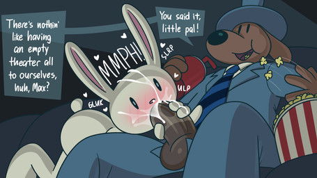 anthro anthro_on_anthro anthro_penetrated anthro_penetrating anthro_penetrating_anthro biped brown_body clothed clothing dialogue duo erection fingers genitals male male/male male_penetrated male_penetrating male_penetrating_male penetration penile penile_penetration penis sex short_tail sitting speech_bubble tail white_tail gemsum sam_and_max max_(sam_and_max) samuel_dog canid canine canis domestic_dog lagomorph leporid mammal rabbit absurd_res hi_res