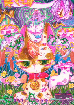 abstract_background accessory ahoge ambiguous_gender axe bikini black_body blue_body bodily_fluids bubble_text clothing collar collar_tag crowd dripping drooling female fence feral fire grass green_eyes group hair hair_accessory hairclip heart_symbol holding_axe holding_knife holding_object humanoid_face jewelry katakana knife necklace orange_hair pink_body plant purple_hair quadruped saliva scaled_body sharp_teeth size_difference surrealism swimwear teeth thorns two-piece_swimsuit vines wings yellow_sclera freezepower kirby_(series) nintendo kirby arthropod bulrush butterfly domestic_cat felid feline felis humanoid insect lepidopteran mammal waddle_dee hi_res