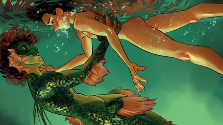 anthro black_hair brown_hair bubble butt duo fin green_body hair hand_on_neck holding_partner looking_at_another looking_at_partner male male/male membrane_(anatomy) nude orange_eyes skinny_dipping split_form teeth underwater water webbed_hands maxspite mermay aquatic fish human mammal merfolk 16:9 hi_res widescreen