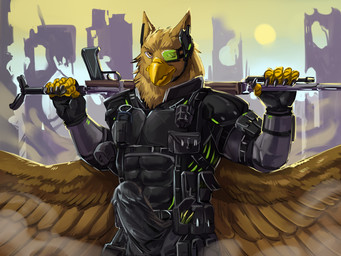 5_fingers abs anthro balls balls_outline beak biceps biped brown_body brown_fur building building_destruction bulge city city_background city_destruction cityscape claws clothed clothing destruction detailed_bulge erection erection_under_clothing eyewear feathered_wings feathers finger_claws fingerless_gloves fingers fur gear genital_outline genitals glasses gloves gun handwear looking_at_viewer macro macro_anthro macro_male male muscular muscular_anthro muscular_male outside pecs penile penis penis_outline ranged_weapon smile solo weapon wearing_glasses wings nightarm mythology carpo avian gryphon mythological_avian mythological_creature hi_res