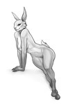 anthro big_ears breasts female hooves looking_at_viewer navel nipples nude short_tail sitting smile solo tail tertia_decima anna_(validheretic) goblin humanoid lagomorph leporid mammal hi_res monochrome