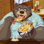 anthro bodily_fluids brown_body brown_fur clothing cute_fangs eating eyewear fangs food fur glasses humanoid_hands inside kemono male overweight overweight_anthro overweight_male shirt sitting solo sweat teeth topwear raichoclub bear mammal 1:1 2020