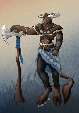 anthro axe barbarian male solo tattoo weapon mysterymusix dungeons_and_dragons european_mythology greek_mythology hasbro mythology wizards_of_the_coast bovid bovine cattle mammal minotaur absurd_res hi_res