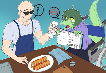 5_fingers abstract_background anthro apron bald blue_apron blue_clothing blue_hoodie blue_topwear book clothing cookbook disability duo eyelashes eyewear female fingers food freckled_face freckles green_body green_hair green_scales grey_eyes hair hoodie light-skinned_male light_body light_skin long_tail male mayonnaise paraplegic question_mark recipe scales short_hair sitting sunglasses tail thick_thighs topwear vehicle wheelchair yellow_sclera chervyarts cavemanon_studios i_wani_hug_that_gator inco_(iwhtg) olivia_halford baryonyx dinosaur human mammal prehistoric_species reptile saurischian scalie spinosaurid theropod 2025 digital_drawing_(artwork) digital_media_(artwork) hi_res
