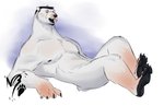 anthro black_nipples black_nose blue_eyes claws feet foot_focus fur male nipples open_mouth pawpads paws solo teeth white_body white_fur nnightbear_b bear mammal polar_bear ursine absurd_res hi_res