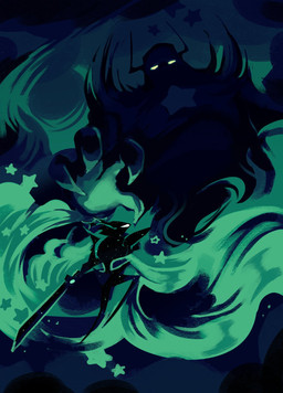 ambiguous_gender antlers armor black_armor black_body claw_fingers claws cloud duel duo fight fighting_pose fingers glowing glowing_eyes glowing_visor green_light headgear helmet holding_melee_weapon holding_object holding_sword holding_weapon horn looking_at_another male male_humanoid melee_weapon night pose shadow sky star sword visor weapon playcenter deltarune undertale_(series) nightmare_knight roaring_knight humanoid shadow_creature hi_res