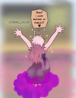 2_horns 5_fingers big_butt black_clothing black_dress brown_text butt clothed clothed_female clothed_humanoid clothing dialogue dress fart fart_cloud fart_fetish female female_farting female_humanoid fingers hair heart_symbol hearts_around_head horn long_hair not_furry pink_body pink_hair pink_horn pink_skin purple_fart_cloud purse raised_arms rear_view solo speech_bubble spread_fingers standing talking_to_self text wide_hips ketrita_draws my_hero_academia ashido_mina horned_humanoid humanoid quirked_human_(my_hero_academia) 2026 artist_name english_text hi_res