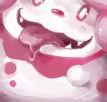 2015 ambiguous_form ambiguous_gender artsy-theo bodily_fluids canid canine close-up digital_media_(artwork) digital_painting_(artwork) drooling fangs front_view full-length_portrait generation_6_pokemon icon mammal multicolored_body nintendo open_mouth open_smile pink_body pink_eyes pink_nose pink_theme pink_tongue pokemon pokemon_(species) portrait saliva signature slurpuff smile solo teeth tongue tongue_out toony two_tone_body white_body