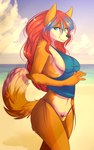 anthro beach breasts clothing cloud detailed_background female hair midriff outside red_hair sand seaside shirt sky solo swimwear teal_eyes topwear water aimi grace_kaiser canid canine fox mammal digital_media_(artwork) hi_res shaded