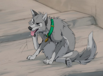 black_eyebrows black_pawpads bodily_fluids cheek_tuft claws collar collar_only collar_tag dripping eyebrows eyes_closed facial_tuft feral fur green_collar grey_body grey_claws grey_fur head_tuft male motion_lines nude open_mouth open_smile pawpads pink_tongue saliva saliva_drip saliva_on_tongue sitting smile solo style_emulation tail teeth tongue tongue_out tuft azzai balto_(series) universal_studios fan_character canid canine canis hybrid mammal wolfdog 2019 colored colored_sketch digital_drawing_(artwork) digital_media_(artwork) shaded sketch