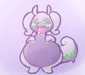ambiguous_gender anthro belly big_belly blep green_eyes purple_body purple_skin purple_slime smile solo tongue tongue_out vore qwishiflavor nintendo pokemon generation_6_pokemon goodra pokemon_(species) 2025 full-length_portrait portrait