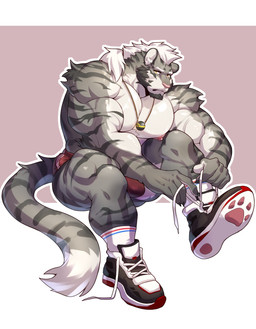 anthro barazoku beard biceps black_clothing black_footwear black_shoes black_sneakers bottomwear bulge claws clothing deltoids facial_hair finger_claws footwear forearm_muscles fur grey_body grey_facial_hair grey_fur hair jewelry legwear male muscular muscular_anthro muscular_male muscular_thighs necklace nipples pattern_clothing pattern_footwear pattern_legwear pattern_socks pecs pink_nose ponytail red_bottomwear red_clothing red_shorts shorts sitting socks solo striped_body striped_clothing striped_footwear striped_fur striped_socks stripes tail triceps tying_shoes white_body white_clothing white_footwear white_fur white_hair white_socks yellow_eyes higanbana_zero dingchi_(wolfiebare) felid mammal pantherine tiger 2024 absurd_res hi_res