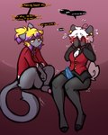 2022 4:5 anthro apron ashley_(mewgle) belle_(mewgle) black_body black_fur blonde_hair blush bottomless bovid caprine clothed clothing condom dialogue digital_media_(artwork) domestic_cat dress_shirt duo ear_piercing ear_ring embarrassed english_text erection felid feline felis female french_text fur genitals grey_body grey_fur gynomorph hair hi_res highlights_(coloring) humanoid_genitalia humanoid_penis intersex looking_at_another mammal mewgle motion_lines necktie nervous partially_clothed pawpads penis piercing purple_hair ring_piercing sexual_barrier_device shaded shaking sheep shirt signature simple_background sitting text topwear trans_(lore) trans_woman_(lore) translated wearing_condom white_hair worried yellow_eyes