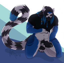 anthro balls biped black_penis bodily_fluids bottomless clothed clothing clothing_lift erection foreskin genital_fluids genitals hair humanoid_genitalia humanoid_penis kneeling long_hair male masturbation partially_retracted_foreskin penile penile_masturbation penis precum shirt shirt_lift solo topwear redpixie lune_(lunecatta) lemur mammal primate ring-tailed_lemur strepsirrhine hi_res