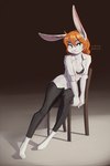 abbi_(kilinah) absurd_res anthro blush bottomwear breasts chair cleavage clothed clothing digital_media_(artwork) female freckles fully_clothed fur furniture hair hi_res inside lagomorph leporid long_ears looking_at_viewer mammal orange_hair pants rabbit shaded sitting smile solo sy_noon white_body white_fur
