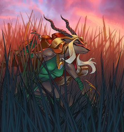 anthro blonde_hair breasts female grass hair horn outside plant shield solo john_rauch khary_randolph chaotic lomma antelope bovid mammal overworlder 2006 official_art