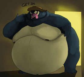 anthro belly big_belly black_body black_fur clothing doorway fur hat headgear headwear huge_belly imminent_vore male moobs nipples obese obese_male open_mouth overweight overweight_male solo standing tan_body tan_fur teeth threatening_vore tongue tongue_out feedtheboss bear mammal