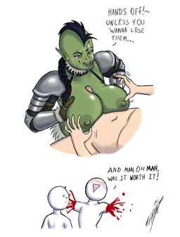 2_missing_limbs amputee armor big_breasts black_hair blood blush bodily_fluids bodypaint breast_play breasts clothing dialogue disability duo facial_scar female genitals gloves green_body green_skin hair handwear human_on_humanoid humanoid_pointy_ears humor interspecies male male/female missing_all_arms mohawk naughty_face nipples not_furry penis pointy_ears scar sex simple_background smile sweat text threatening titfuck tusks war_paint white_background yellow_eyes noxshade human humanoid mammal orc absurd_res comic english_text hi_res