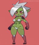 armor bikini blush breasts clothed clothing eye_through_hair female female_humanoid fingers fist footwear green_body green_ears green_face green_skin hair humanoid_pointy_ears narrowed_eyes navel not_furry red_eyes sharp_teeth silver_hair skimpy standing swimwear teeth text thick_thighs translucent translucent_hair two-piece_swimsuit unconvincing_armor warrior wide_hipped_female wide_hipped_humanoid wide_hips wrist_guards gramdraw rami_(gramdraw) goblin humanoid 2023 digital_drawing_(artwork) digital_media_(artwork) full-length_portrait hi_res portrait url