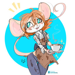 anthro apron beverage bottomwear breasts buckteeth cleavage clothed clothing coffee dirty female fur hair open_mouth orange_hair pants pink_nose shirt solo tail tan_body tan_fur teeth topwear kiaun derideal pixi_(derideal) mammal mouse murid murine rodent 1:1 2025 hi_res