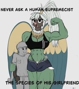 anthro beak big_breasts body_hair bottomwear breasts chest_hair clothing daisy_dukes denim denim_bottomwear denim_clothing denim_shorts duo feather_hair feathered_wings feathers female fist flexing flexing_bicep flexing_muscles green_body hair hotpants huge_breasts larger_female looking_at_viewer male male/female meme_pose muscular muscular_anthro muscular_female pink_beak ponytail pseudo_hair pube_peek pubes pubes_exposed shirt shorts size_difference smile standing tank_top thick_thighs topwear white_hair wings cosmonaut nintendo pokemon athena_(cosmonaut) chatot generation_4_pokemon pokemon_(species) hi_res meme signature