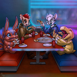 anthro biped blue_clothing blue_hoodie blue_topwear brown_body buckteeth claws clothed clothing collar eating eyewear finger_claws food glasses group hair holding_food holding_object holding_pizza hoodie inside long_ears looking_at_another male mohawk open_mouth pizza plate rectangular_glasses red_body red_clothing red_hair red_hoodie red_topwear sharp_teeth short_hair sitting teeth tongue tongue_out topwear wearing_glasses white_body white_hair yellow_body pux bandai_namco digimon irou agumon digimon_(species) elecmon mammal mouse murid murine rat rodent 1:1 2025 alternate_version_at_source hi_res