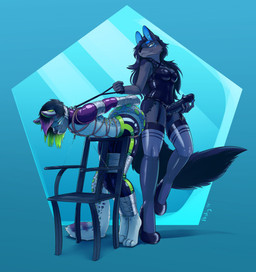 4_toes 5_fingers anthro bdsm black_hair black_nose blue_background blue_body blue_fur blue_hair bondage bound breasts chair clothed clothing corset dildo dominant dominant_female duo feet female fingers footwear fur furniture gag gagged garter_belt garter_straps glistening green_hair hair high_heels imminent_pegging imminent_sex latex legwear lingerie male markings multicolored_hair muzzle_(object) muzzled nipple_clamp nipples purple_hair restraints rope rope_bondage rope_harness sex_toy shoes simple_background stockings strapon submissive submissive_male tape tape_gag tape_muzzle toes topwear peskybatfish mirage_(akulatiger) yukiyho canid canine canis felid mammal pantherine snow_leopard wolf 2019 absurd_res digital_drawing_(artwork) digital_media_(artwork) hi_res