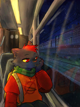 anthro backpack black_body black_fur ear_piercing eyebrow_slit eyebrows female fur hair head_on_hand inside_train jewelry looking_forward looking_outside looking_through looking_through_window mouth_piercing notched_ear pendant piercing railway_track raining red_eyes red_hair reflection scarf sitting solo window c0rpses0ul night_in_the_woods mae_borowski domestic_cat felid feline felis mammal 2025 3:4 digital_drawing_(artwork) digital_media_(artwork) hi_res sketch watermark