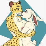 anthro breasts butt duo female female/female fur genitals nipples nude simple_background smile spots tail white_body white_fur delta_dewitt beastars haru_(beastars) sheila_(beastars) domestic_rabbit dwarf_rabbit felid lagomorph leopard leporid mammal oryctolagus pantherine rabbit digital_media_(artwork) hi_res