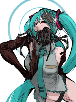 accessory barely_visible_genitalia barely_visible_vulva blue_background blue_hair breasts claws clothing female female_humanoid finger_claws genitals hair horror_(theme) looking_at_viewer machine necktie scary simple_background solo teeth topwear twintails_(hairstyle) vest vulva white_background hylran vocaloid yamaha_corporation calne_ca hatsune_miku arthropod crustacean humanoid isopod malacostracan monster monstrous_humanoid robot robot_humanoid 3:4 hi_res