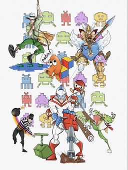 armor beak bomb explosives eyewear goggles green_body green_skin headgear helmet melee_weapon orange_body polearm rainbow red_body rope spear weapon wings thenapkinguy31 atari dig_dug frogger joust_(game) kaboom!_(atari) pitfall q-bert space_invaders square_enix taito frogger_(character) mad_bomber_(kaboom!) pitfall_harry taizo_hori alligator alligatorid amphibian avian bird crocodilian frog human mammal ostrich pooka_(dig_dug) ratite reptile scalie waddling_head hi_res