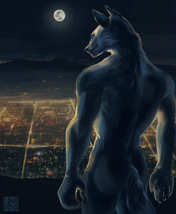 anthro city city_background fur lights macro male moon muscular night nude rear_view solo tail white_body white_fur whitebaloo canid canine canis mammal wolf hi_res